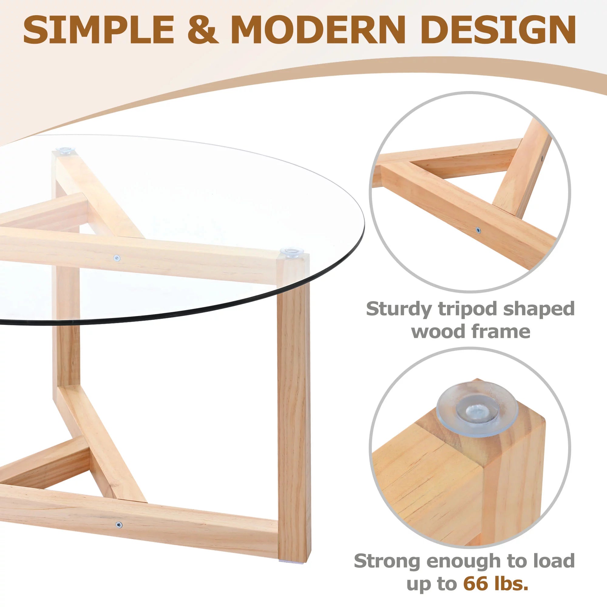Round Glass Coffee Table with Tempered Glass Top & Wood Base Y46694