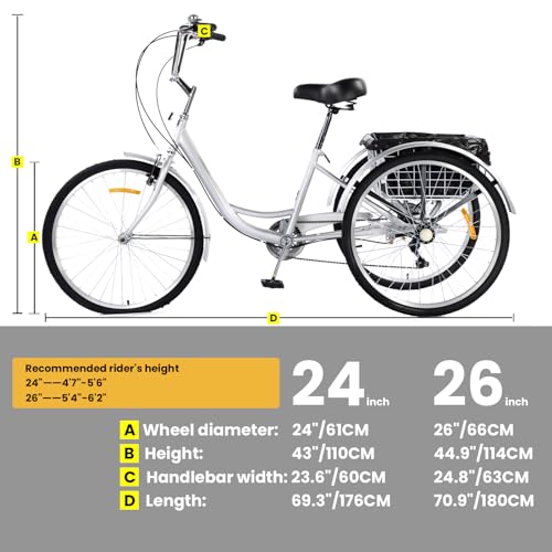 Adult Tricycles 24 & 26 Inch 7 Speed 3 Wheel Bikes with Rear Basket F636238