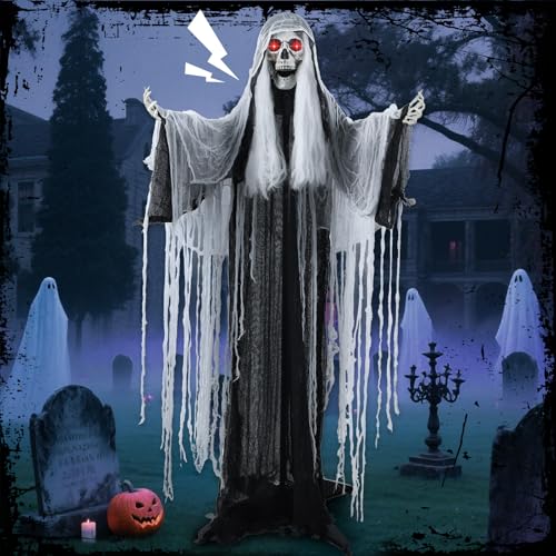 LETIME 5 FT Witch Animatronic Halloween Decorations with Sound Activation and Glowing Red Eyes Life Size Scary Standing Witch Halloween Decorations Outdoor Animatronics