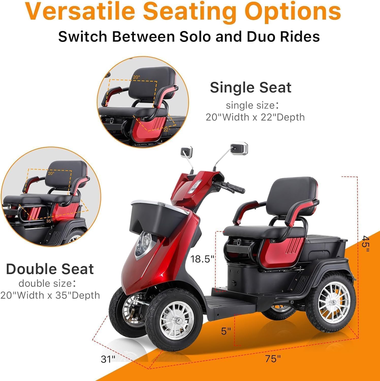 3 Speed 1000W 2 Seater Mobility Scooter with Bluetooth Speaker, Red D555