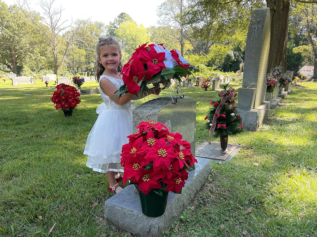 Sympathy Silks Artificial Cemetery Flowers - Red and White Poinsettias Saddle for Headstone C9631