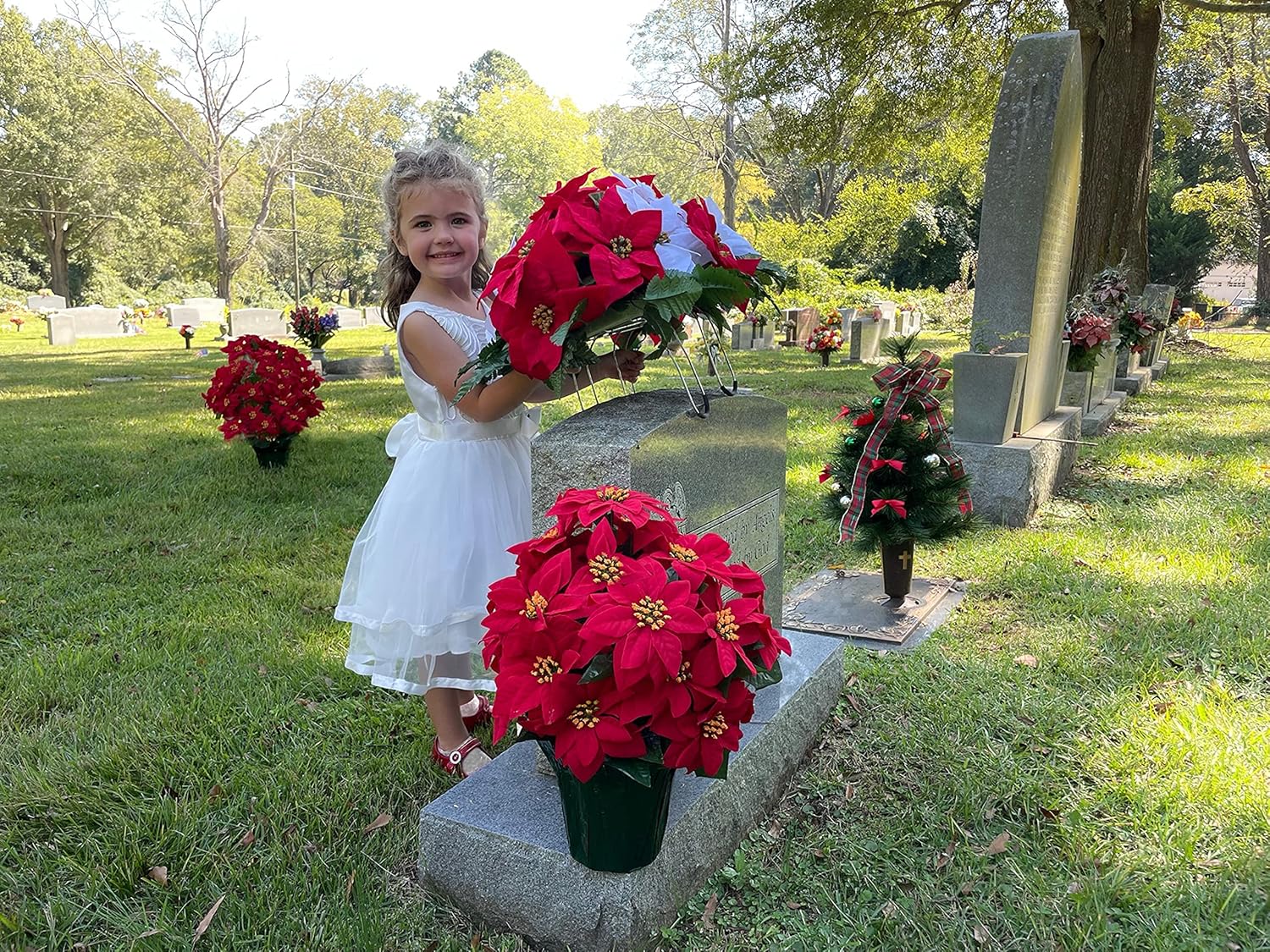 Sympathy Silks Artificial Cemetery Flowers - Red and White Poinsettias Saddle for Headstone C9631
