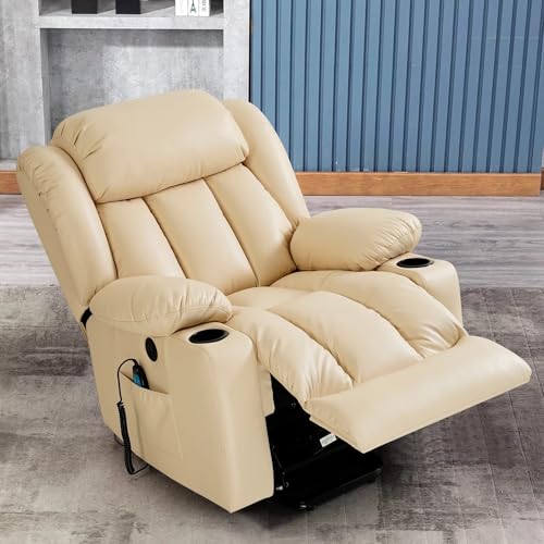 Large Power Lift Recliner Chair Recliners for Elderly, Infinite Position Recliner Chair with Heat and Massage, Breathable Leather(Beige)