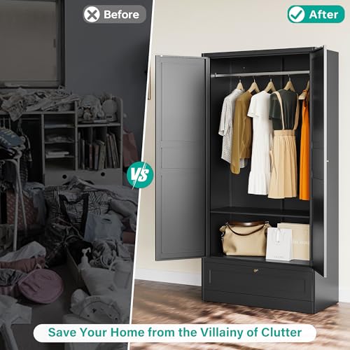 Metal Wardrobe Cabinet with Doors, Adjustable Shelves and Hanging Rod, 72" M706077