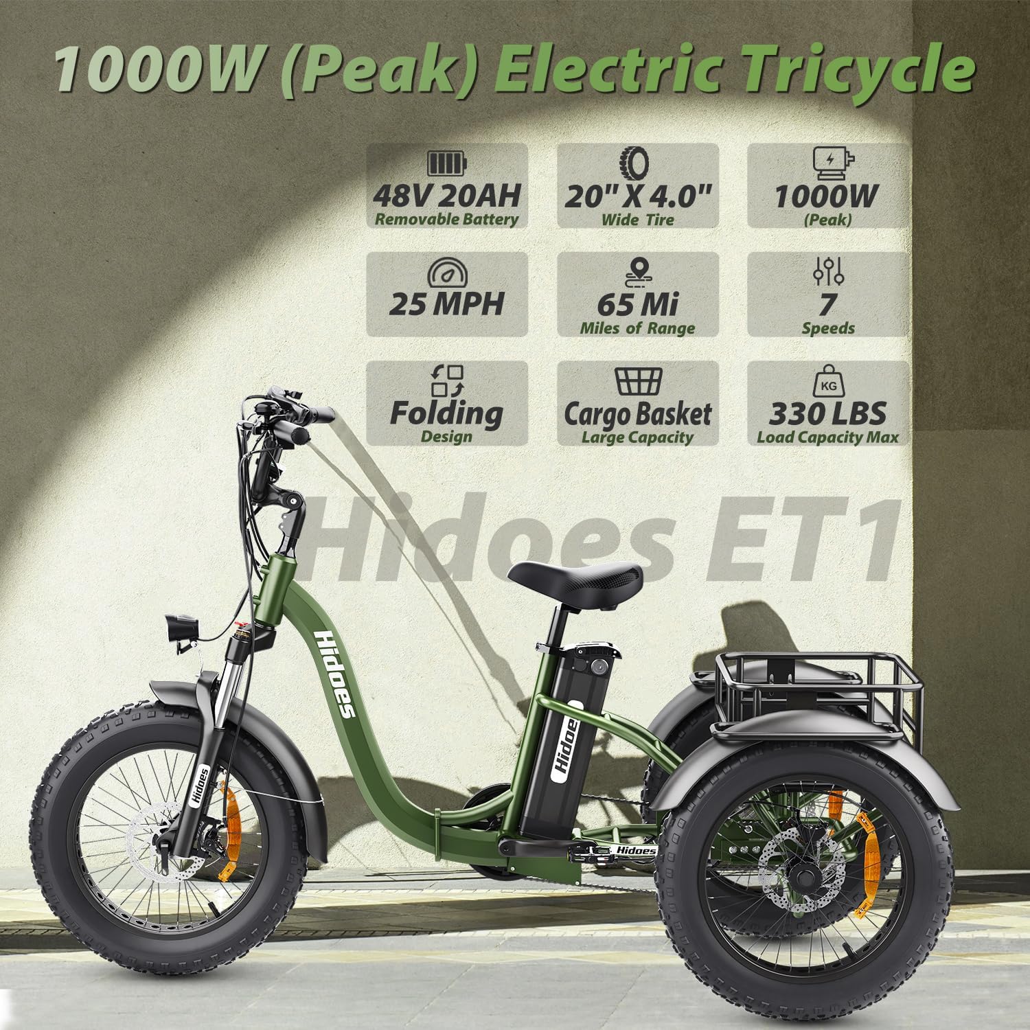Hidoes Electric Tricycle for Adults, 1000W Peak, 48V 20Ah Removable Battery, 7 Speed Folding G3909