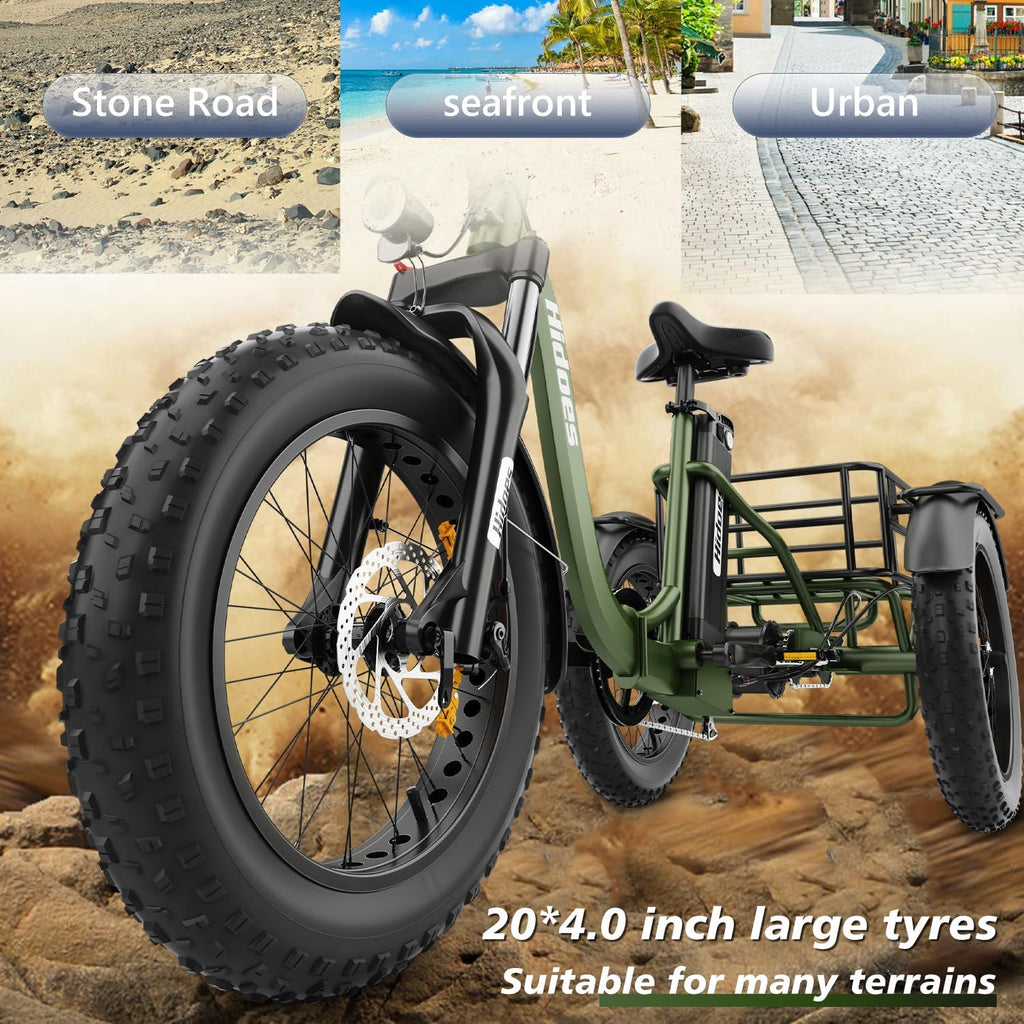 Hidoes Electric Tricycle for Adults, 1000W Peak, 48V 20Ah Removable Battery, 7 Speed Folding G3909