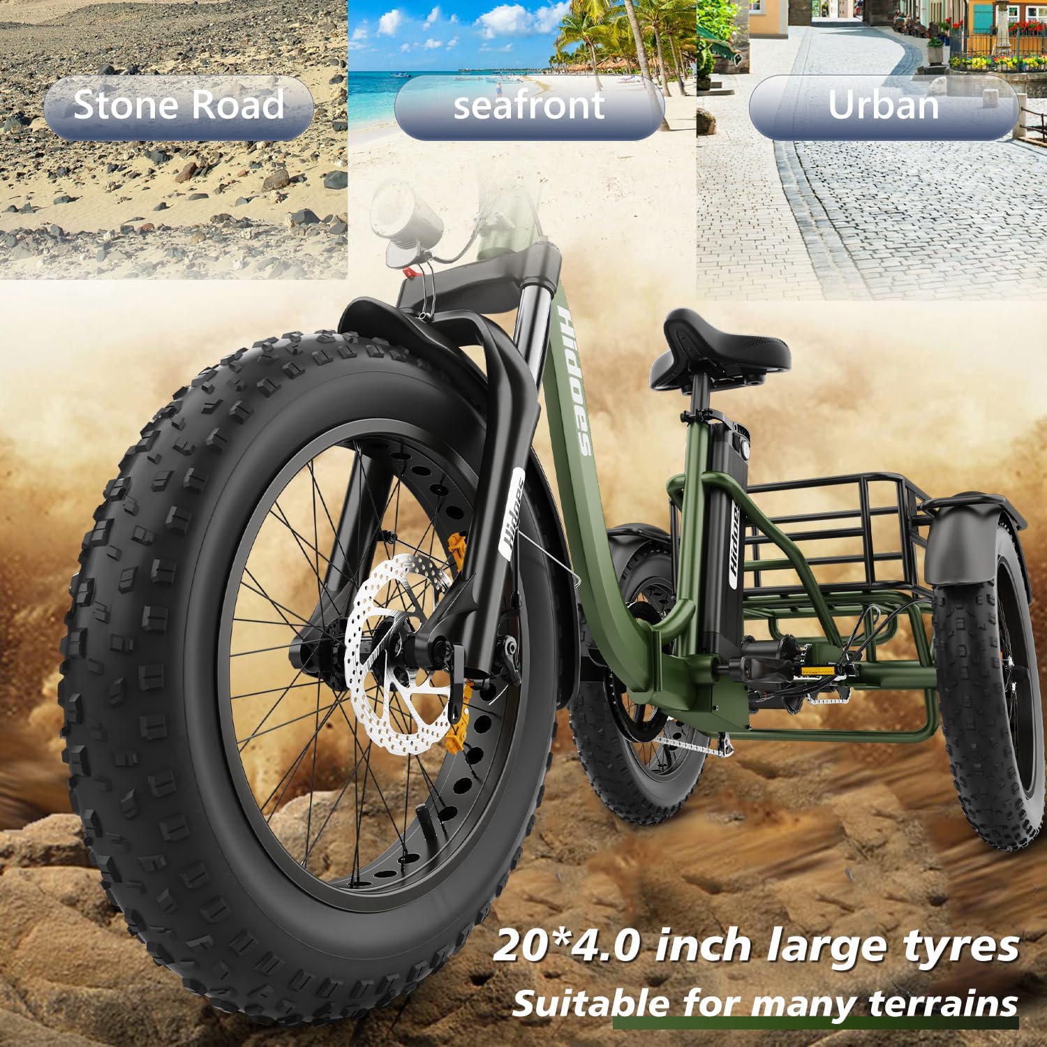 Hidoes Electric Tricycle for Adults, 1000W Peak, 48V 20Ah Removable Battery, 7 Speed Folding G3909