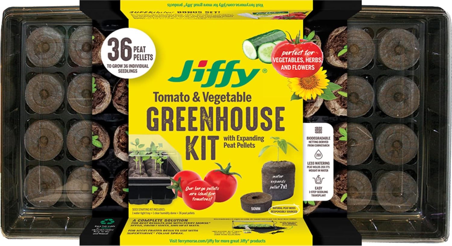 Jiffy 50mm Seed Starting Tomato & Vegetable Greenhouse Kit with 36 Biodegradable Expanding Peat Pellets + Bonus SUPERthrive & Plant Labels