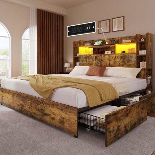 YITAHOME Queen Bed Frame with Bookcase Headboard and 4 Storage Drawers, Black L762695