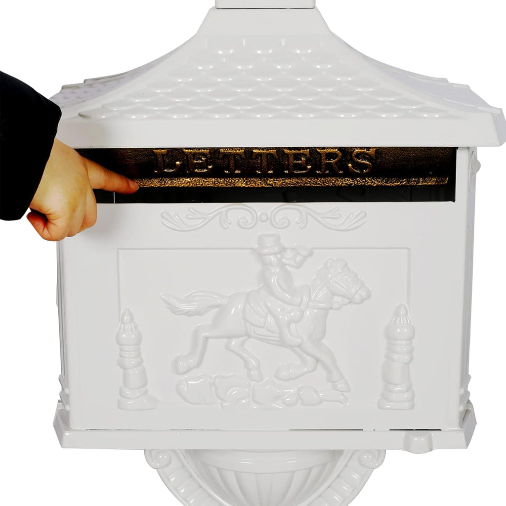 Cast Aluminum Vintage Mailbox with Post, Locking, White L959