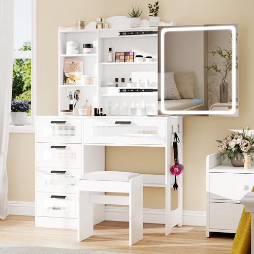 White Vanity Desk with Mirror and Lights, Charging Station, Stool D623487