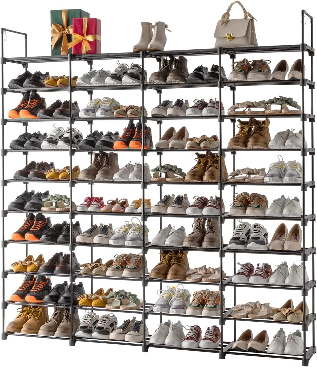4 Row 10 Tier Large Shoe Rack Organizer for Closet Entryway, 80 Pairs Shoe Boot Storage Rack, Metal Shoe Shelf Big Vertical Stackable Shoe Stand for Bedroom Corner, Black