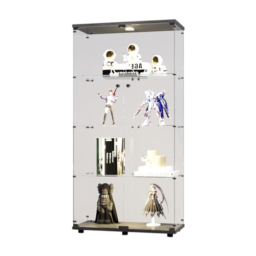 DADEA Glass Display Cabinet with Light and Lock, 4 Shelves, Black L18556