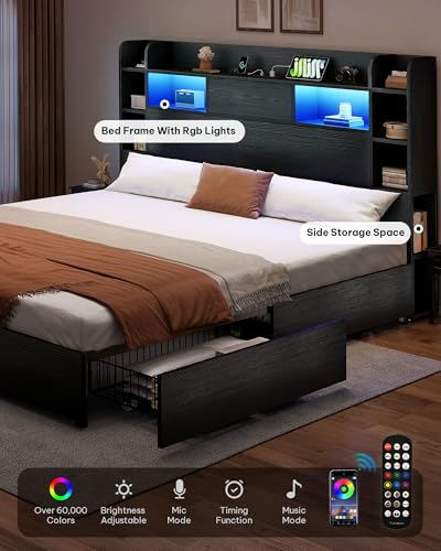 YITAHOME Queen Bed Frame with Bookcase Headboard and 4 Storage Drawers, Black L762695