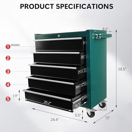 5-Drawer Rolling Tool Chest with Brake Casters, Black E95317