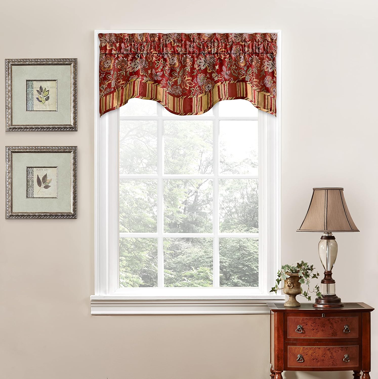 Waverly Navarra Farmhouse Scalloped Valance Rod Pocket Window Curtain for Kitchen or Bathroom, 52" x 16", Crimson