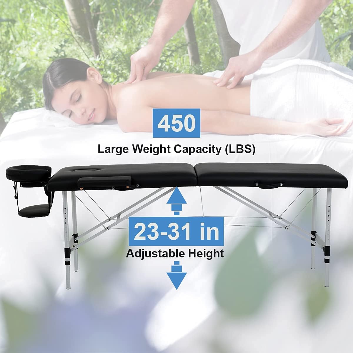 Aluminium Massage Table 2 Fold 73 Inch Portable with Armrest, Black S357178