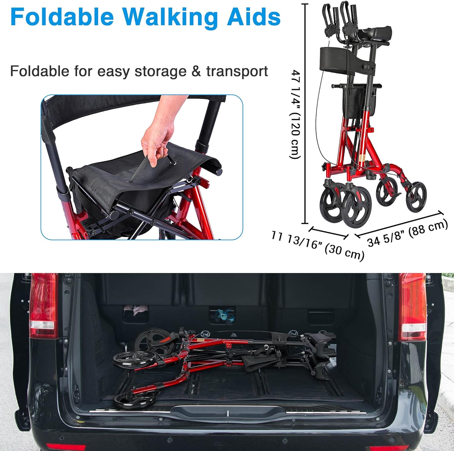 AW Stand Up Folding Rollator Walker with Seat, 300 Lbs Capacity V886