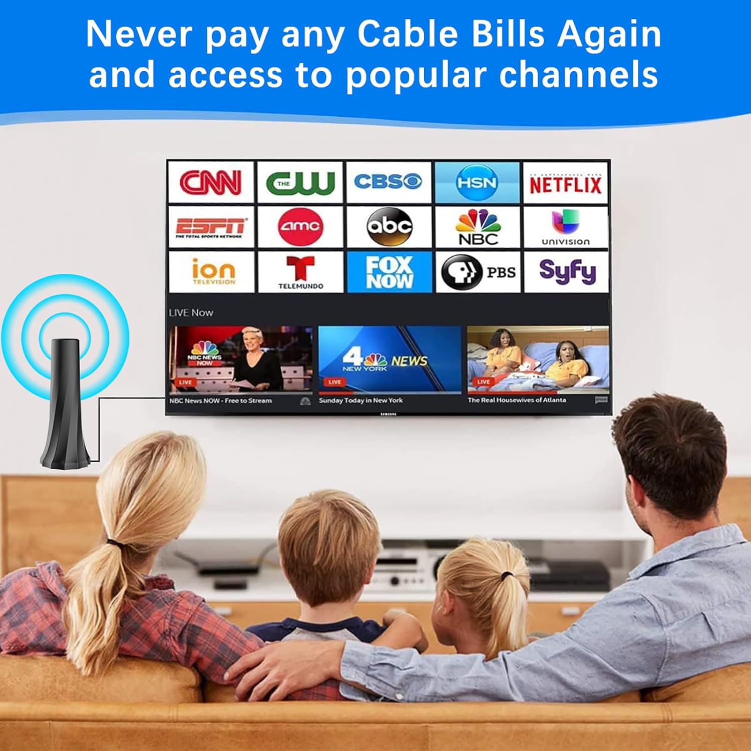 2024 Digital TV Antenna for Smart TV, Indoor Outdoor, 4K 1080P, 360° Reception with 25ft Coaxial Cable Q854