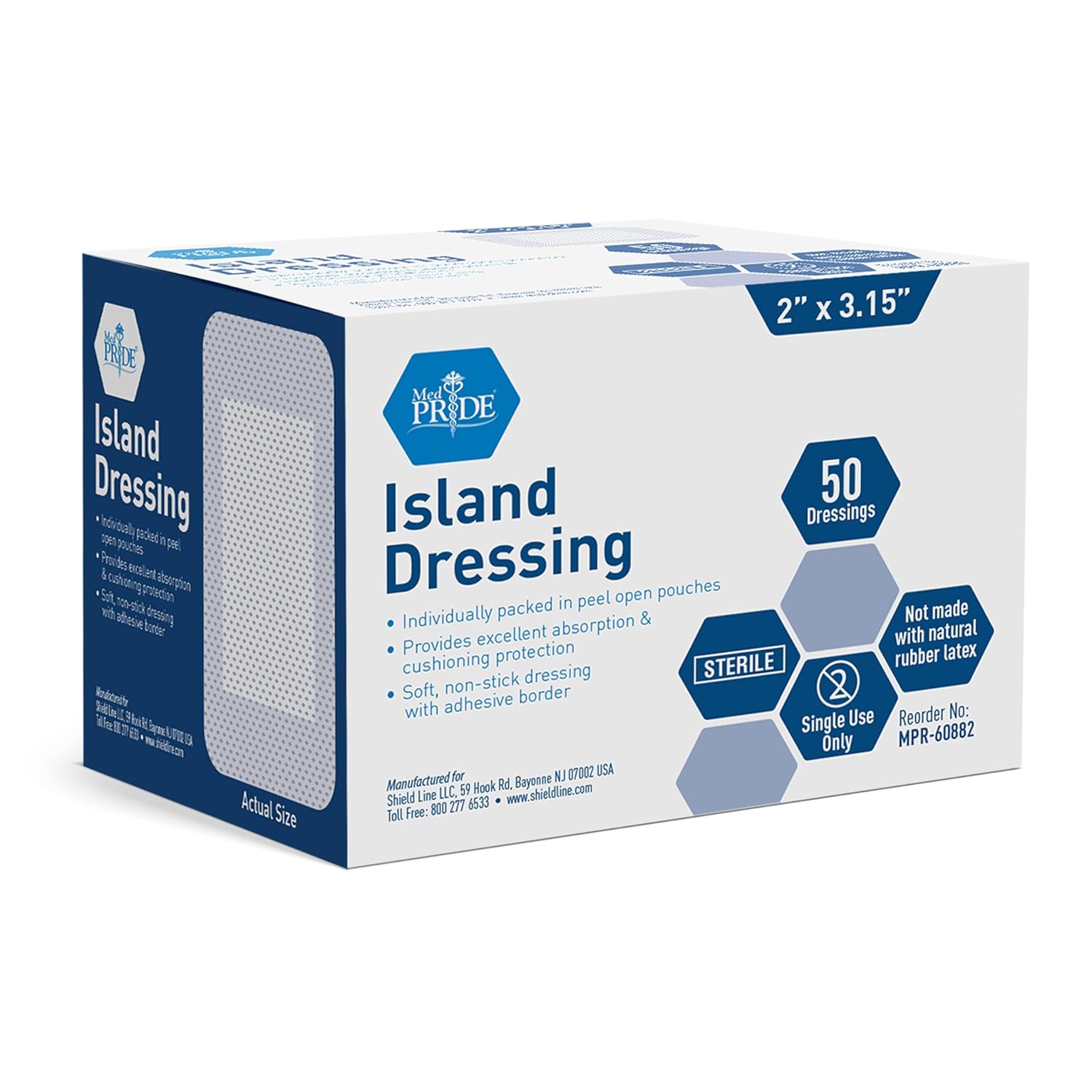 MED PRIDE Bordered Gauze-Island Dressing 2'' x 3.15''| 50 Individually Packed Pouches, Wound Dressing with Adhesive, Breathable Borders, Sterile & Highly Absorbent, Latex & Rubber-free