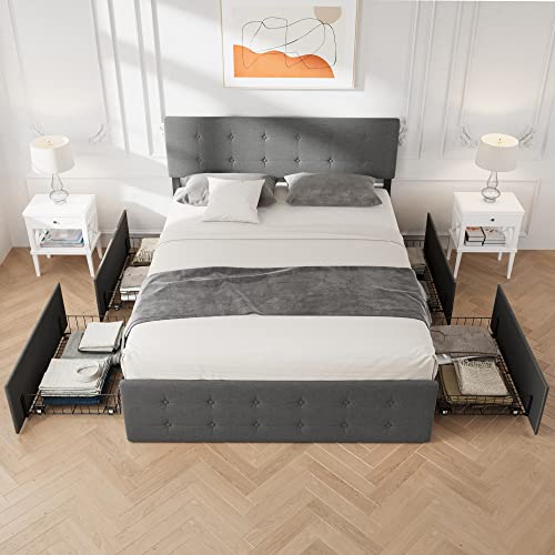 Queen Upholstered Platform Bed Frame with 4 Storage Drawers, Grey C8684