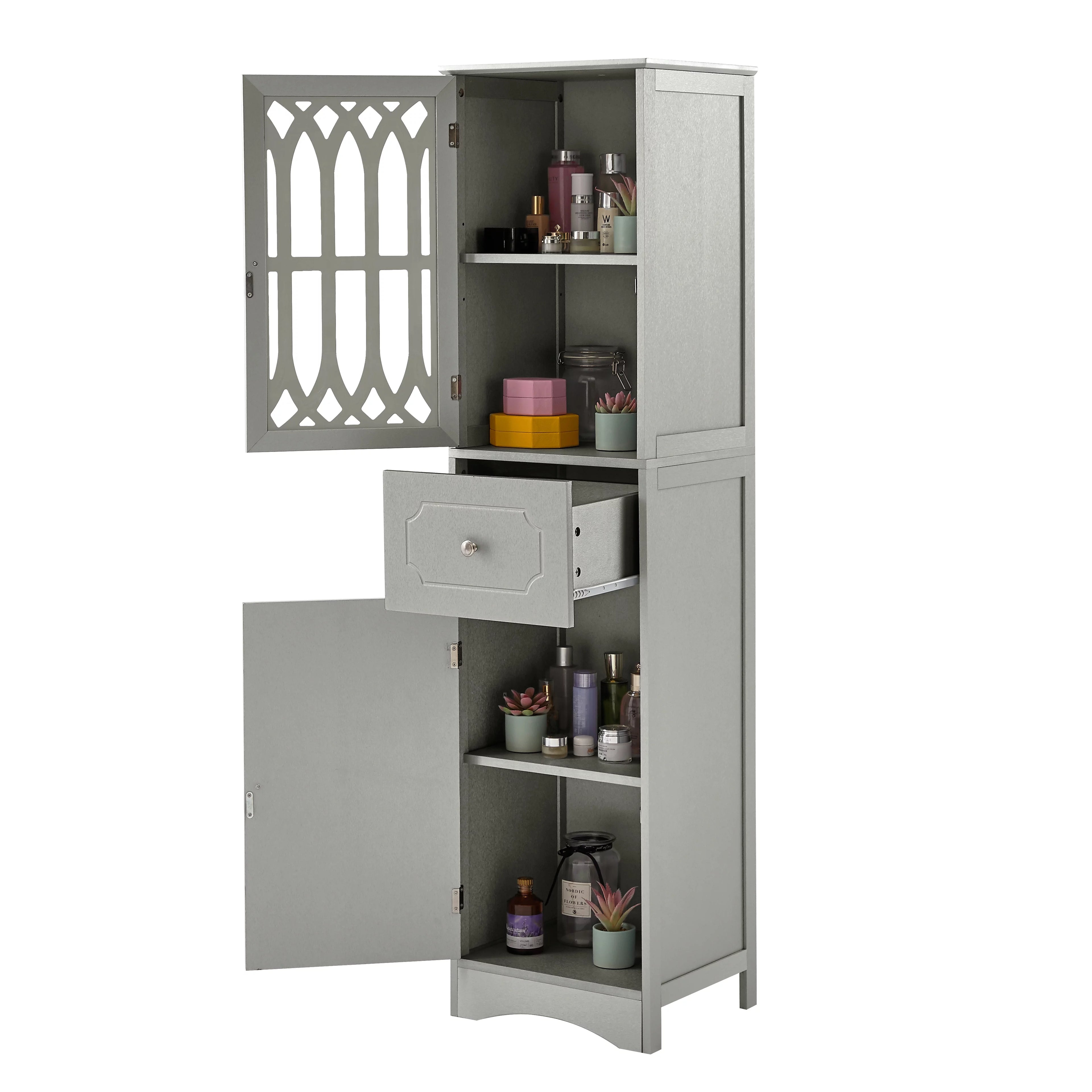Modern Tall Bathroom Storage Cabinet with Doors and Drawers V259093