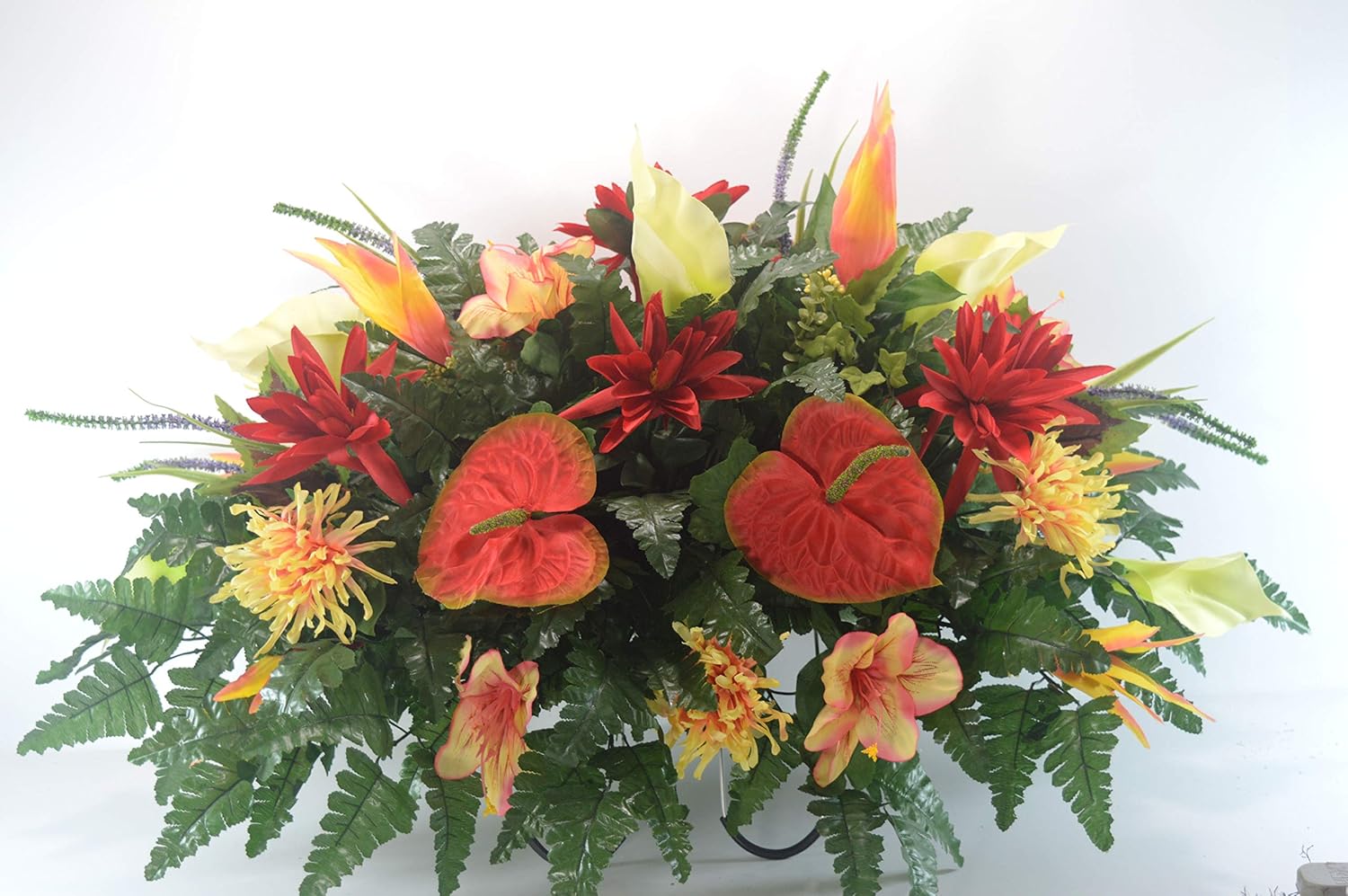 R46 Lily and Mum Cemetery Flower Arrangement Headstone Saddle X391424