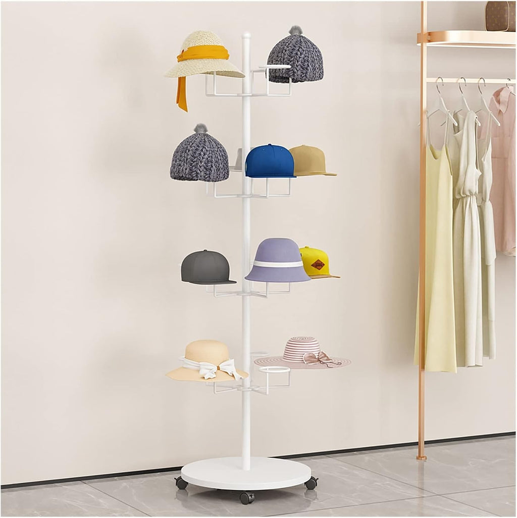 Commercial Modern Hats Display Rack Rotating Retail Hat Rack Stand with Wheels, Vertical Metal Hat Organizer for Multiple Wigs/Caps, 4 5 6 7 8 Tier Hat Headwear Racks (White 4 Layer)