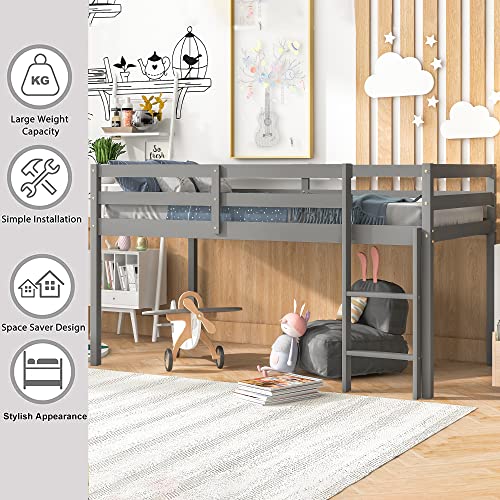 Twin Loft Bed for Kids with Ladders and Guard Rails, Solid Wood, Grey E9115
