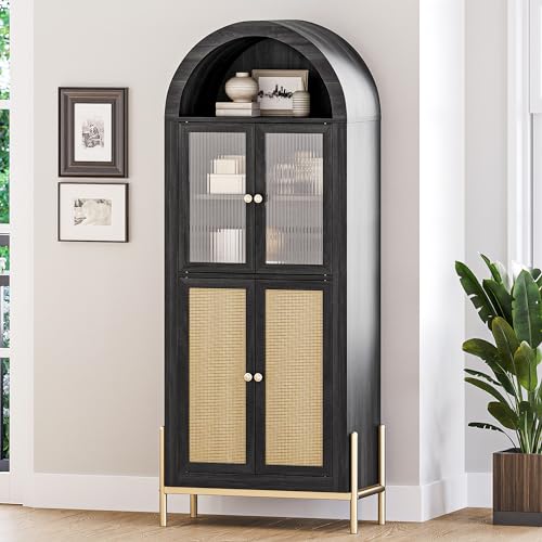 BELLEZE Arched Storage Cabinet with Doors, 65.5 Inches Bookcase, White Lotus W41548