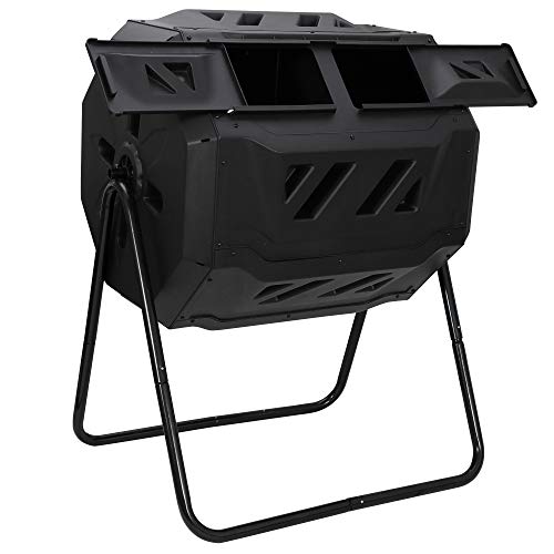Outdoor Compost Bin Dual Chamber Tumbling 43 Gallon with Steel Frame, Black H3213