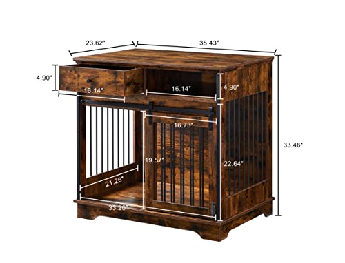 Dog Crate Furniture Table with Sliding Barn Door, 35" Wood Kennel for Dogs L6671
