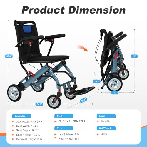 Lightweight Foldable Transport Wheelchair for Adults, 20 LBS O106677