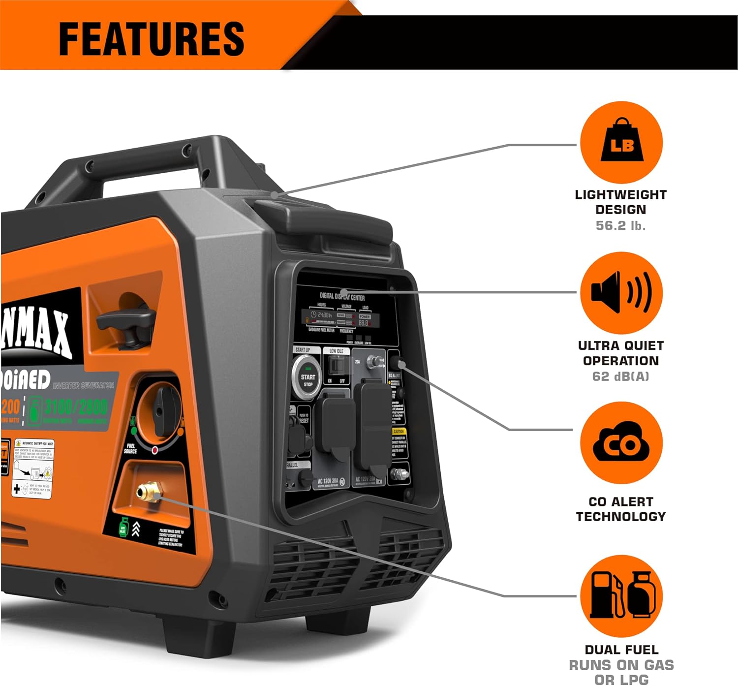 GENMAX Portable Inverter Generator 3500W Gas or Propane with Remote/Electric Start G56238