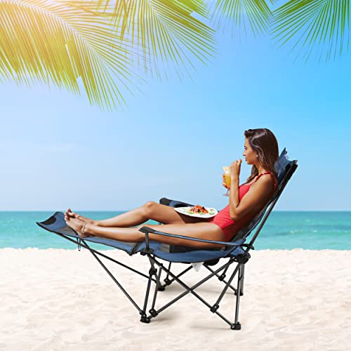 LEADALLWAY Camping Folding Chair with Foot Rest and Cup Holder, Blue H50160