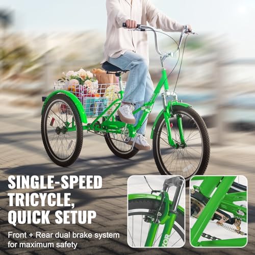 VEVOR Folding Adult Tricycle 24-Inch 3 Wheel Cruiser Bike with Basket, Green Z765777