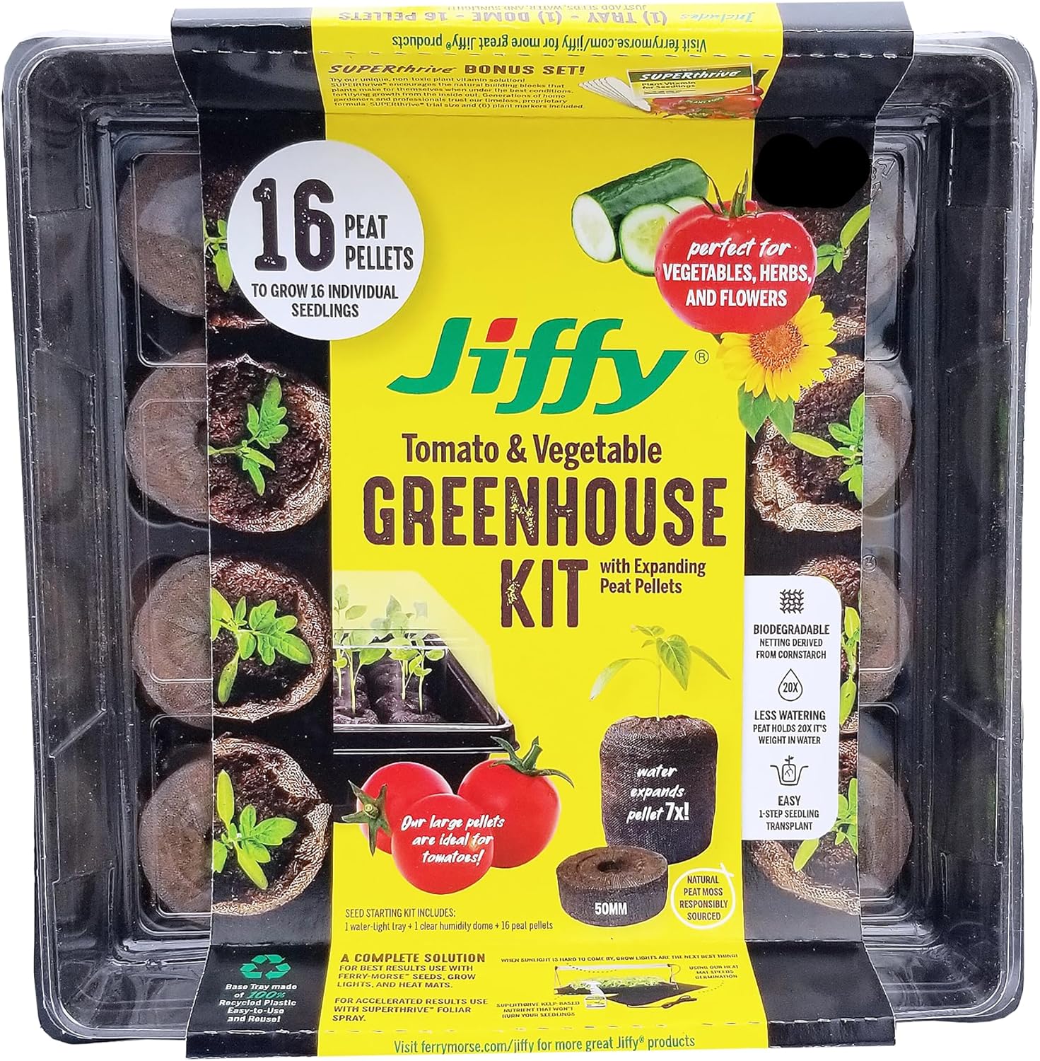 Jiffy 50mm Seed Starting Tomato & Vegetable Greenhouse Kit with 16 Plant-based Expanding Peat Pellets + Bonus SUPERthrive & Plant Labels