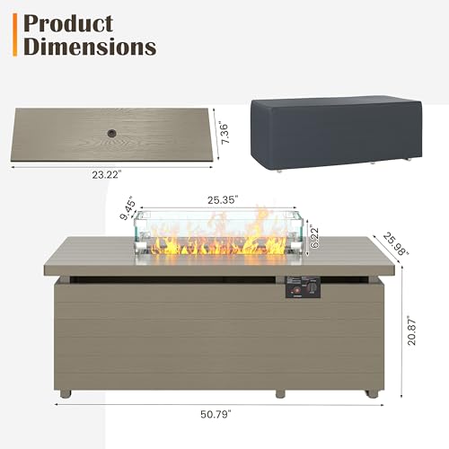 Sundale Outdoor 51 Inch Rectangle Propane Fire Pit Table with Glass Wind Guard, Gray T94945