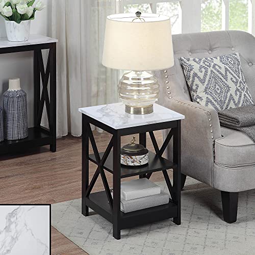 Convenience Concepts Oxford End Table with Storage Shelves, White Faux Marble/Black N969