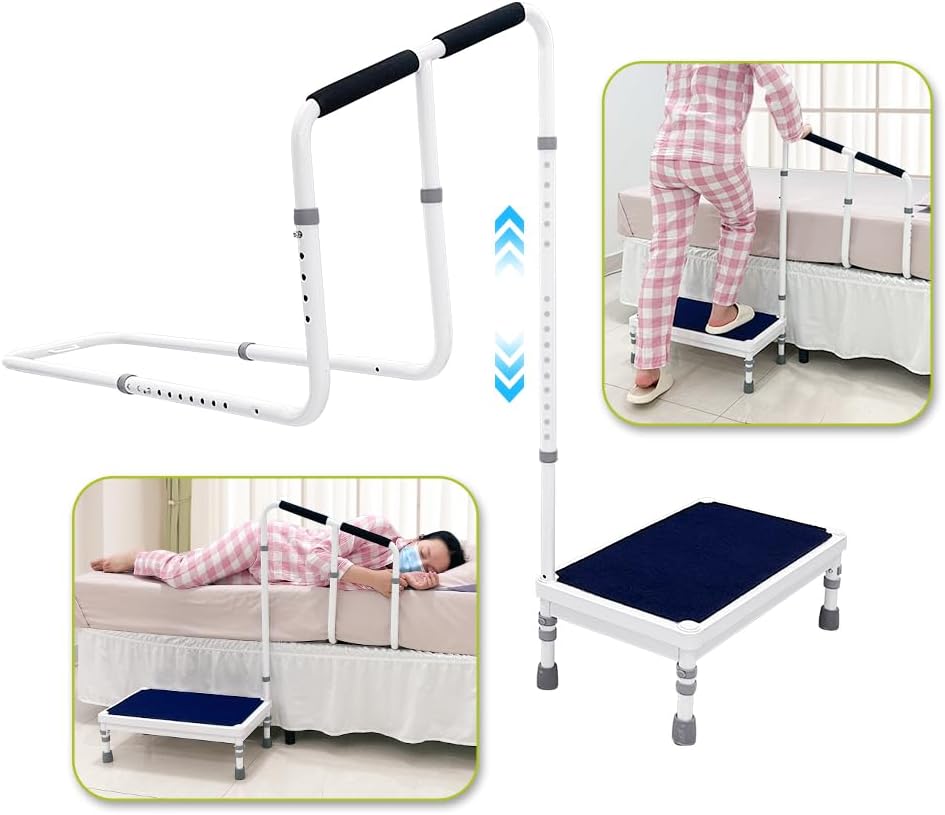 Bed Steps for High Beds for Adults Step Stool with Handle for Elderly 2-in-1 Bedside Guard Rails Bed Cane for Seniors Medical Safety Railing Stop Falling Out of Bed Assistance (21.6" Stool)