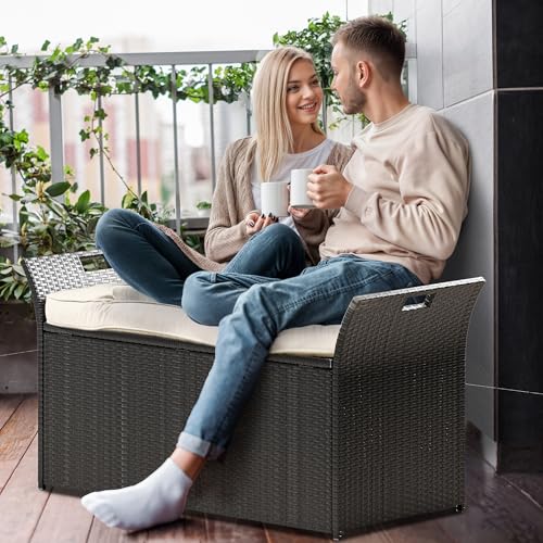 YITAHOME 90 Gallon Outdoor Wicker Storage Bench with Cushion, Black & Beige K940826