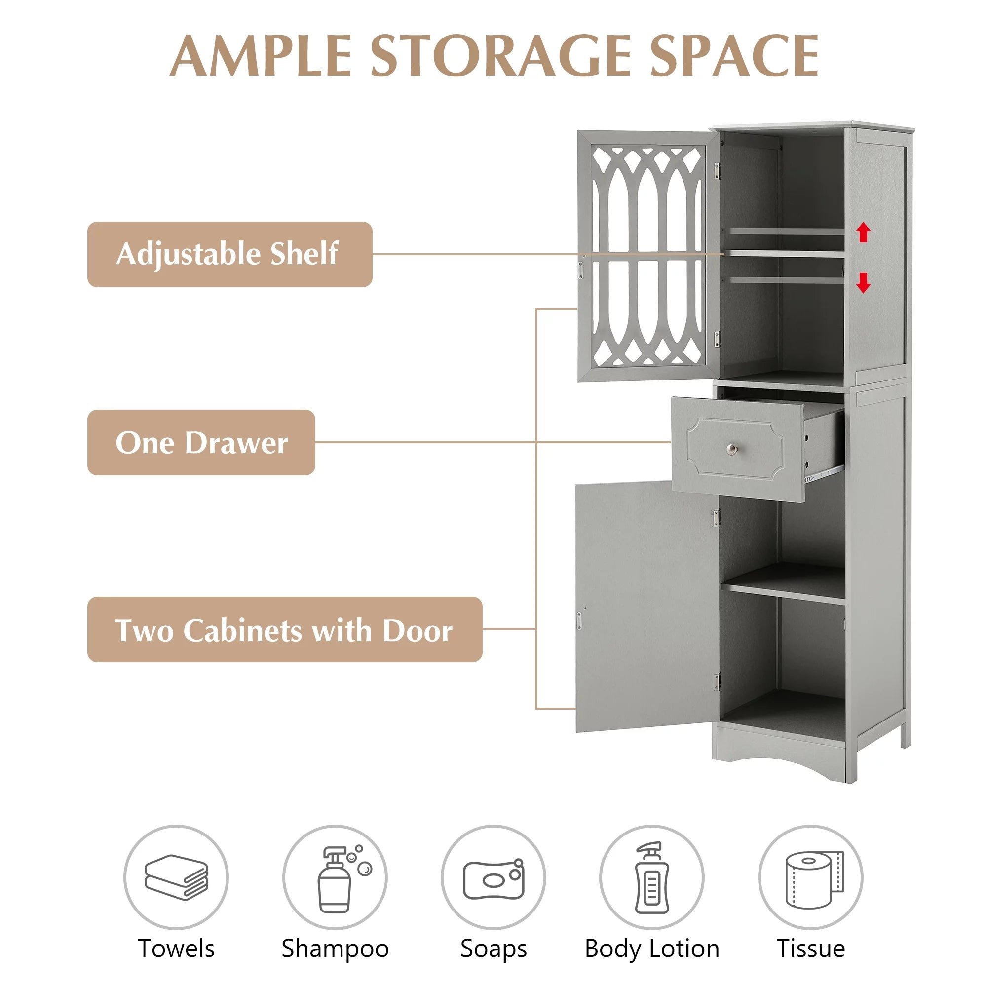 Modern Tall Bathroom Storage Cabinet with Doors and Drawers V259093
