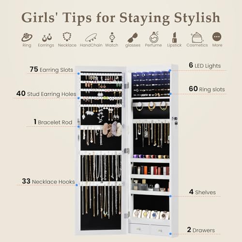 DUMOS 6 LEDs Mirror Jewelry Cabinet, Wall or Door Mounted, White B1338