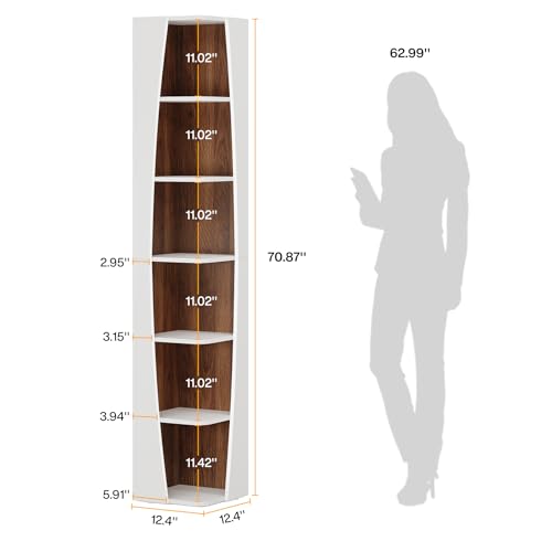 Tribesigns White and Walnut 6-Tier Corner Bookcase with Storage N44402