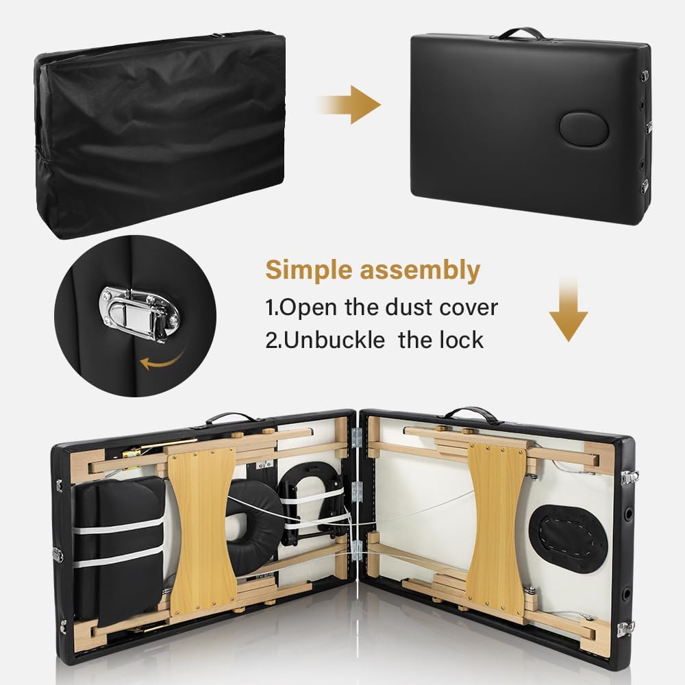KKTONER Portable Massage Table 3 Fold Folding Bed with Carry Case, Height Adjustable, Black I184534