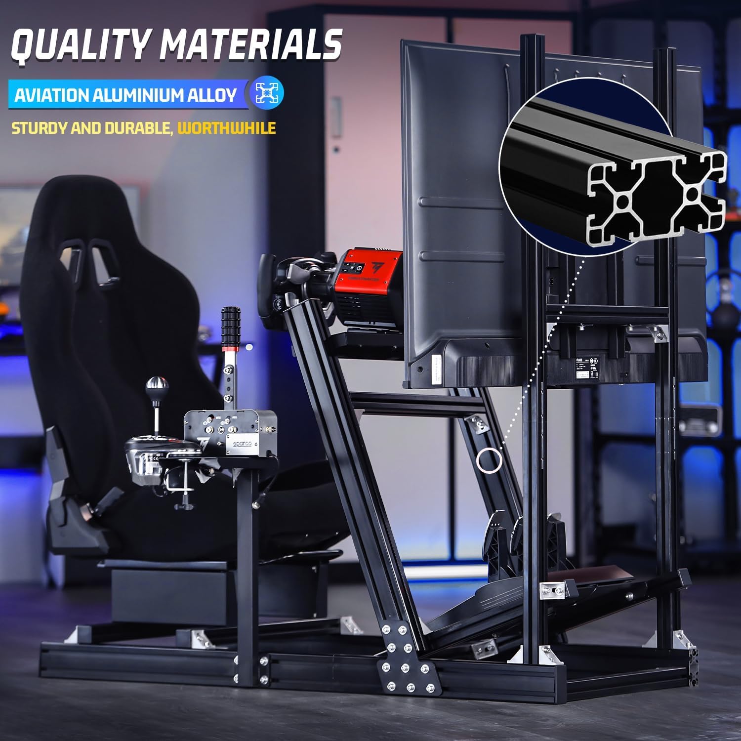 Marada Racing Simulator Cockpit with Monitor Stand and Black Seat M444