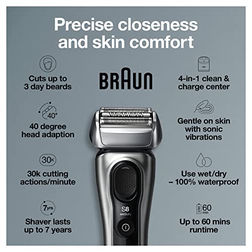 Braun Series 8 8457cc Electric Foil Shaver for Men with Precision Beard Trimmer, Galvano Silver C650125