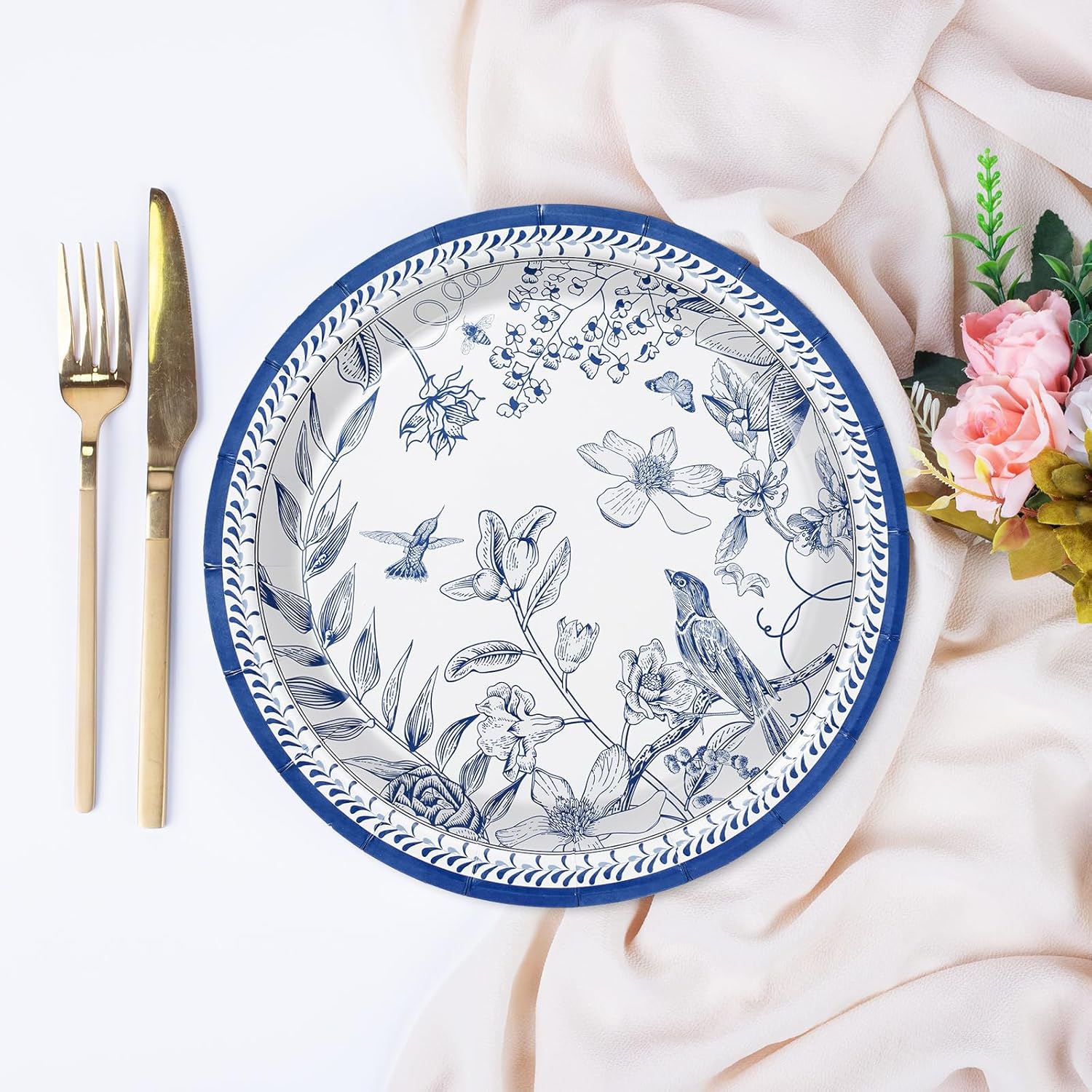 AnyDesign 24Pcs Blue White Paper Plates 9 Inch Vintage Floral Disposable Dinner Plates X3041