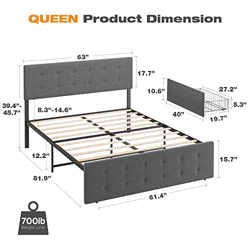 Queen Upholstered Platform Bed Frame with 4 Storage Drawers, Grey C8684