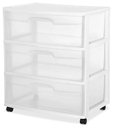 Sterilite Wide 3 Drawer Storage Cart, Plastic Rolling Cart with Wheels, White with Clear Drawers A596